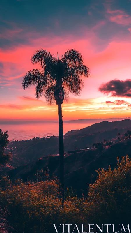 Vertical palm silhouette against saturated coastal sunset sky.