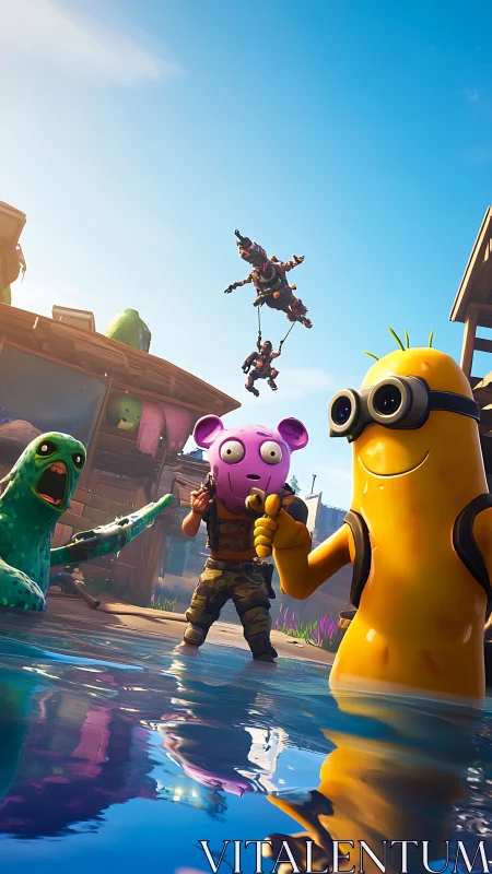 Cartoon combat avatars in stylized waterfront battle arena