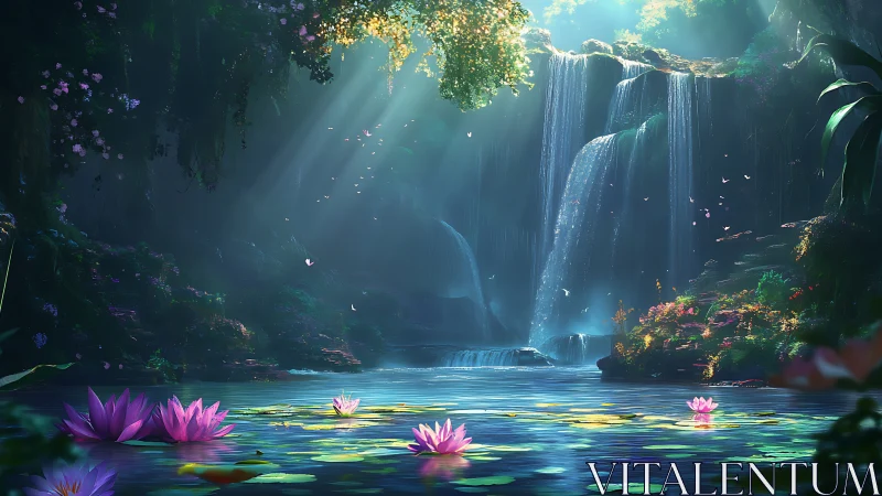 Dense forest pool with multi-tier waterfalls and lilies.