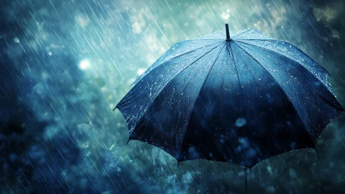 Umbrella under heavy rain with vivid blue reflections.