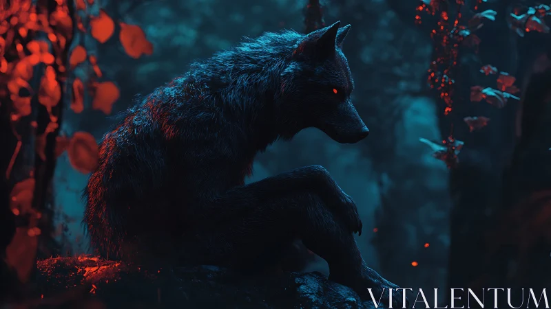 Midnight wolf guardian glowing softly in a dreamlit forest.