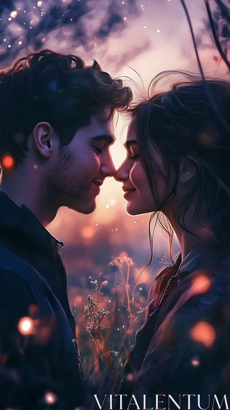 Romantic Couple at Dusk with Magical Light Elements.