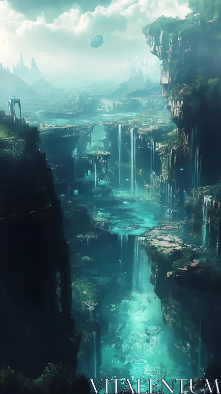 Futuristic terraced canyon with luminescent turquoise waterfalls