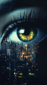 Glistening city lights burn within a reflective cybernetic eye