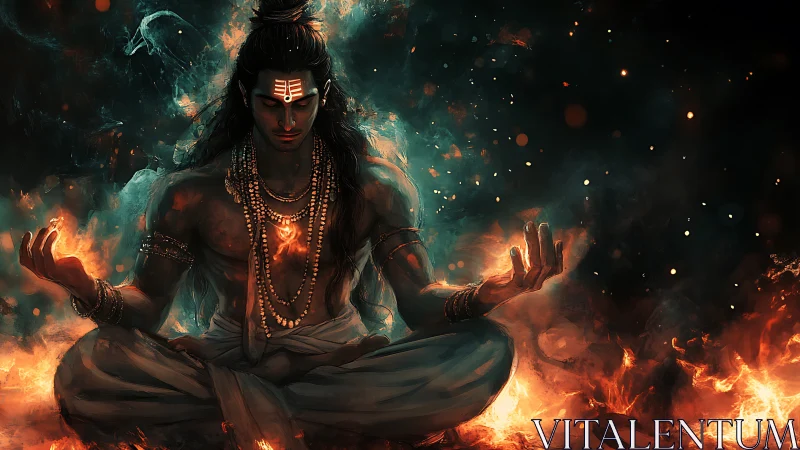 Fiery ascetic meditates amid swirling embers and spectral smoke