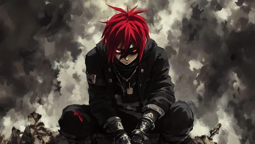 Red-eyed antihero in black tactical gear amid smoke-filled ruins