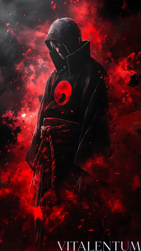 Hooded anime shinobi in red particulate energy field.