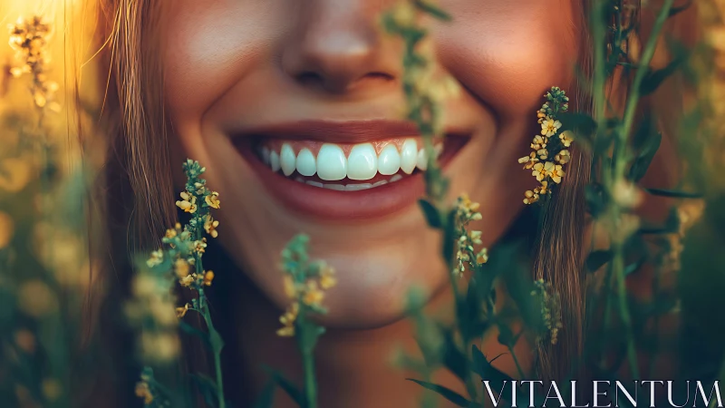 Sunlit smile glows through wildflowers at golden hour.