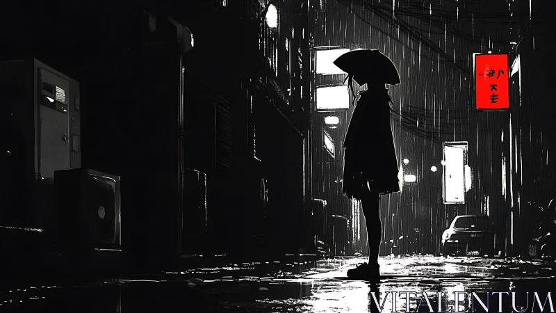 Silhouetted figure waits alone in a neon lit rainy alley