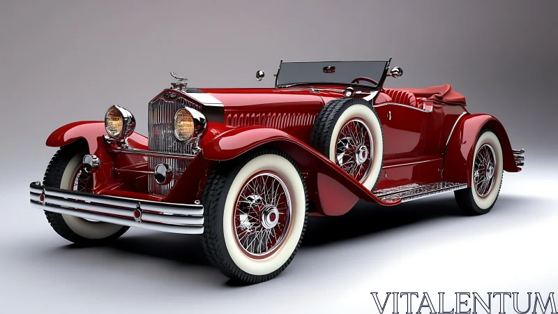 Vintage red roadster render with chrome and whitewall detailing.