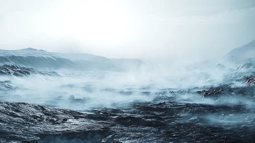 Frozen mist drifts over a bleak, alien ice valley