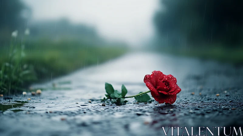 Single red rose on wet rural road surface in rainfall.