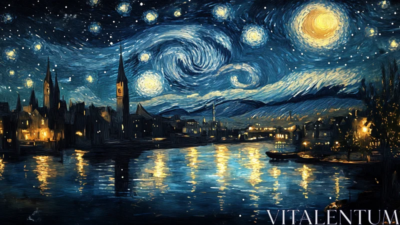 Swirling starry night sky glows above a riverside town