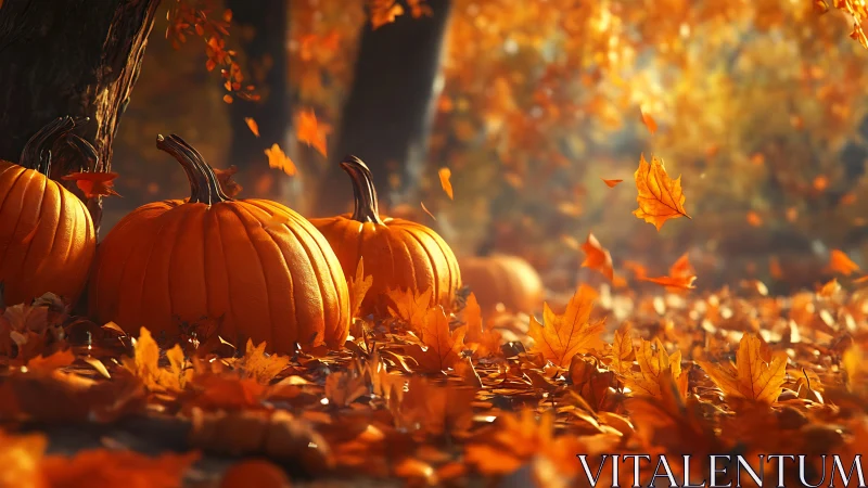 Pumpkins rest on forest ground amid airborne autumn leaves