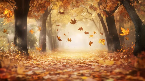 Autumn forest path shows falling leaves in warm golden light
