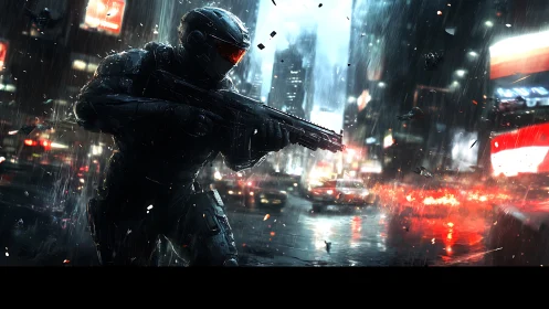 Armored soldier advances through neon-soaked city firefight.