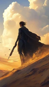 Armored desert sentinel ascends dune slope under volumetric clouds