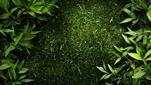 Green grass clearing framed by dense leafy foliage edges