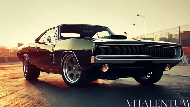 Sunlit black muscle car rendered with cinematic low angle.
