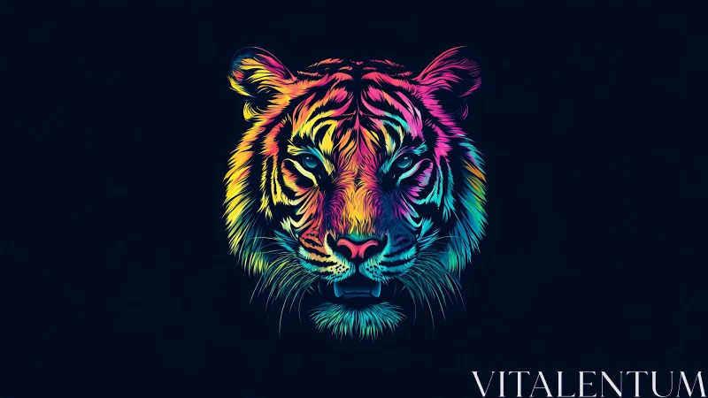 Neon gradient tiger portrait in centralized digital painting style.