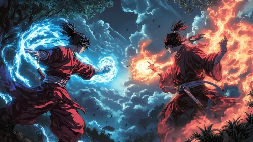 Dueling elemental warriors unleash fire and lightning at dusk