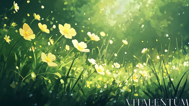 Yellow wildflowers in bright green sunlit meadow scene.