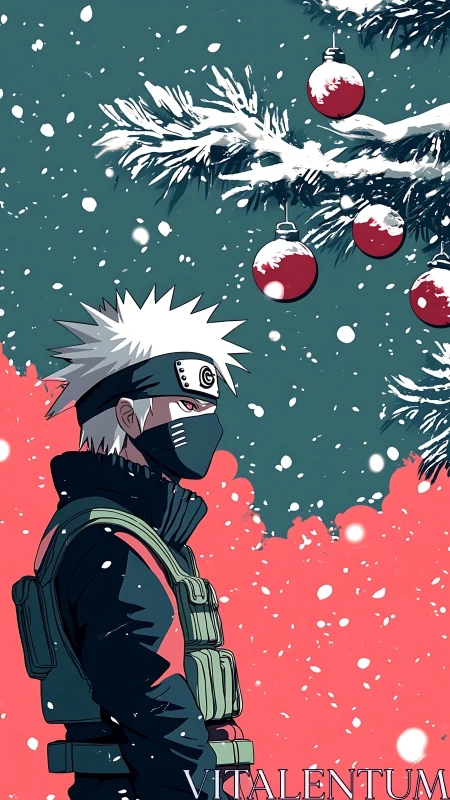 Masked character stands under snowy tree with ornaments