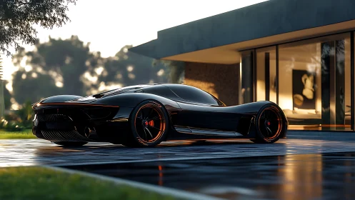 Black hypercar stands on wet driveway beside modern villa