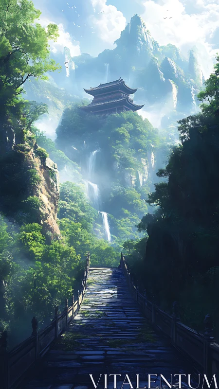 Mountain temple walkway in mist-lit cascading valley.