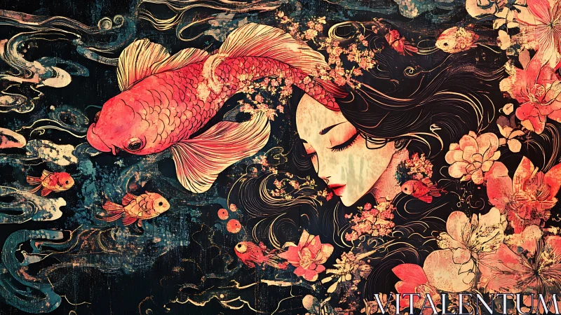 Digital painting of koi, florals and serene female profile composition.