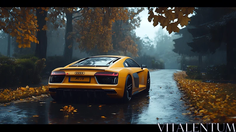 Yellow Audi R8 on wet autumn forest road, rear perspective.