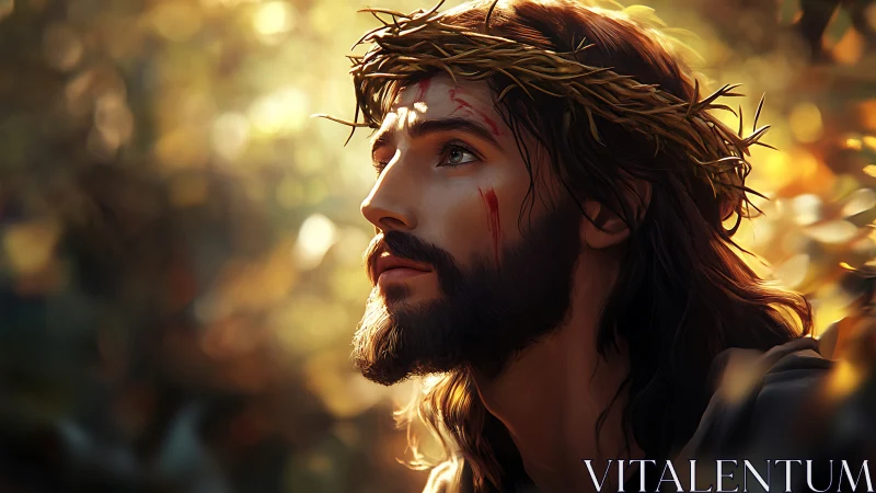 Devotional portrait with thorn crown in warm rim lighting.