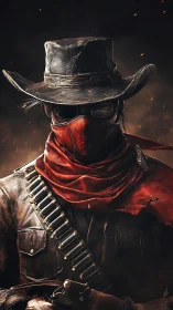 Masked wasteland gunslinger in tattered hat and bandolier.