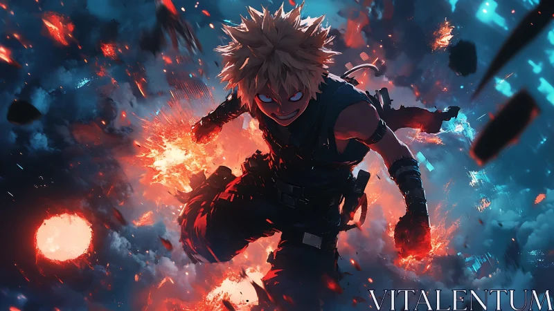 Explosive aerial combat figure amid bifurcated thermal plasma field.