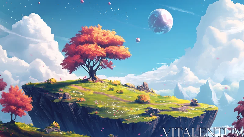 Floating grass plateau with magenta trees under distant planet