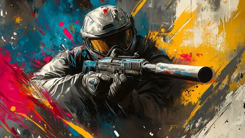 Armored shooter with rifle in abstract color splashes.