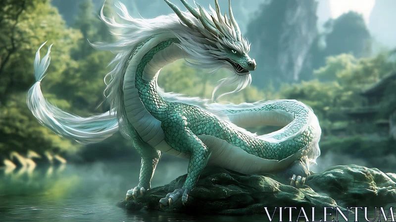 Emerald river dragon coils on mossy rock in misty valley.
