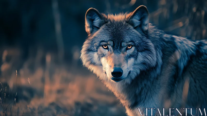Cinematic wolf portrait uses cool-warm contrast and shallow focus