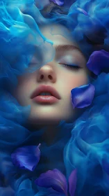 Dreaming woman drifts in luminous blue petals and silk