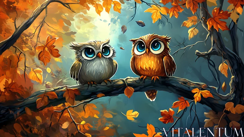 Two Cute Cartoon Owls on Autumn Branch, Vibrant Fantasy Art.