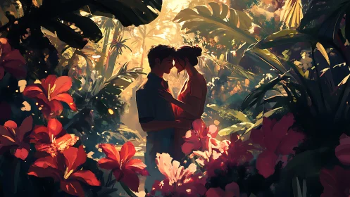 Romantic couple silhouetted among luminous tropical florals with backlighting.