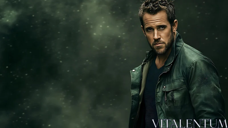 Brooding male portrait framed by atmospheric green haze