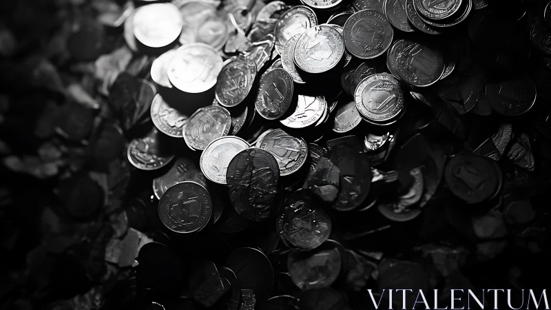 High-contrast macro study isolates reflective metal coins in shadow
