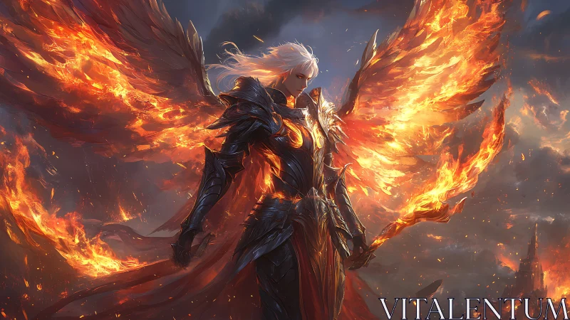 Flame-winged seraph knight ignites a storm-torn battlefield.