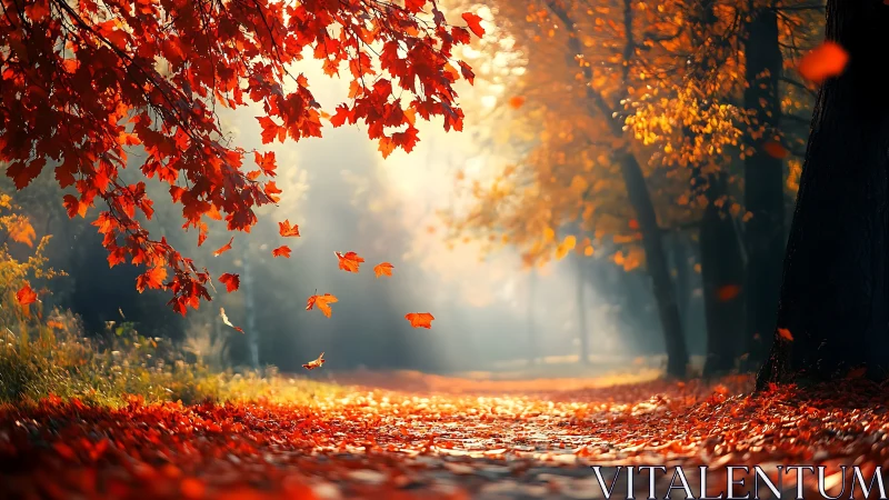 Sunlit autumn forest path glows with drifting red leaves