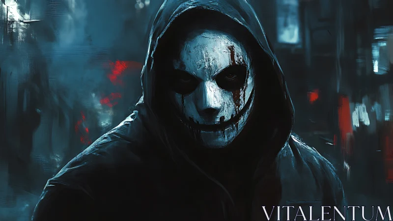 Hooded figure with smeared skull mask advances through neon gloom