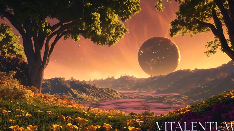 Alien valley landscape under glowing planet at sunset.