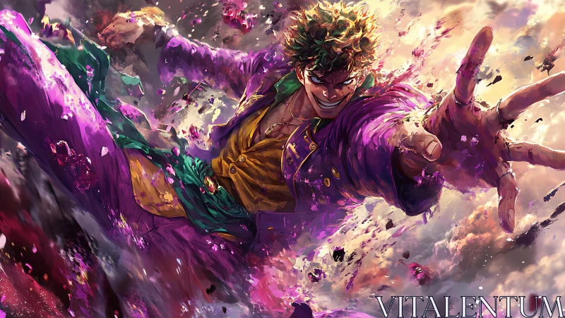 Violet storm brawler lunging through shattering color.