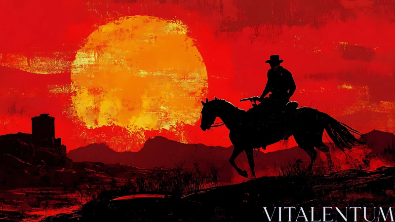 Lone cowboy silhouette against intense red sunset sky.