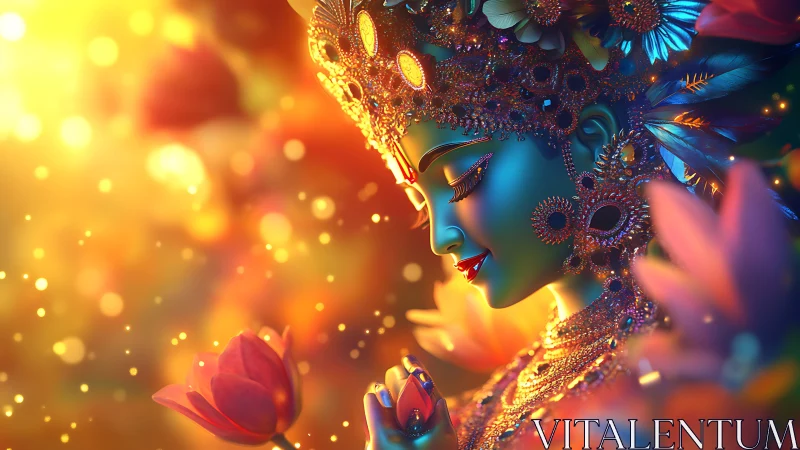 Divine blue goddess profile amid glowing lotus petals